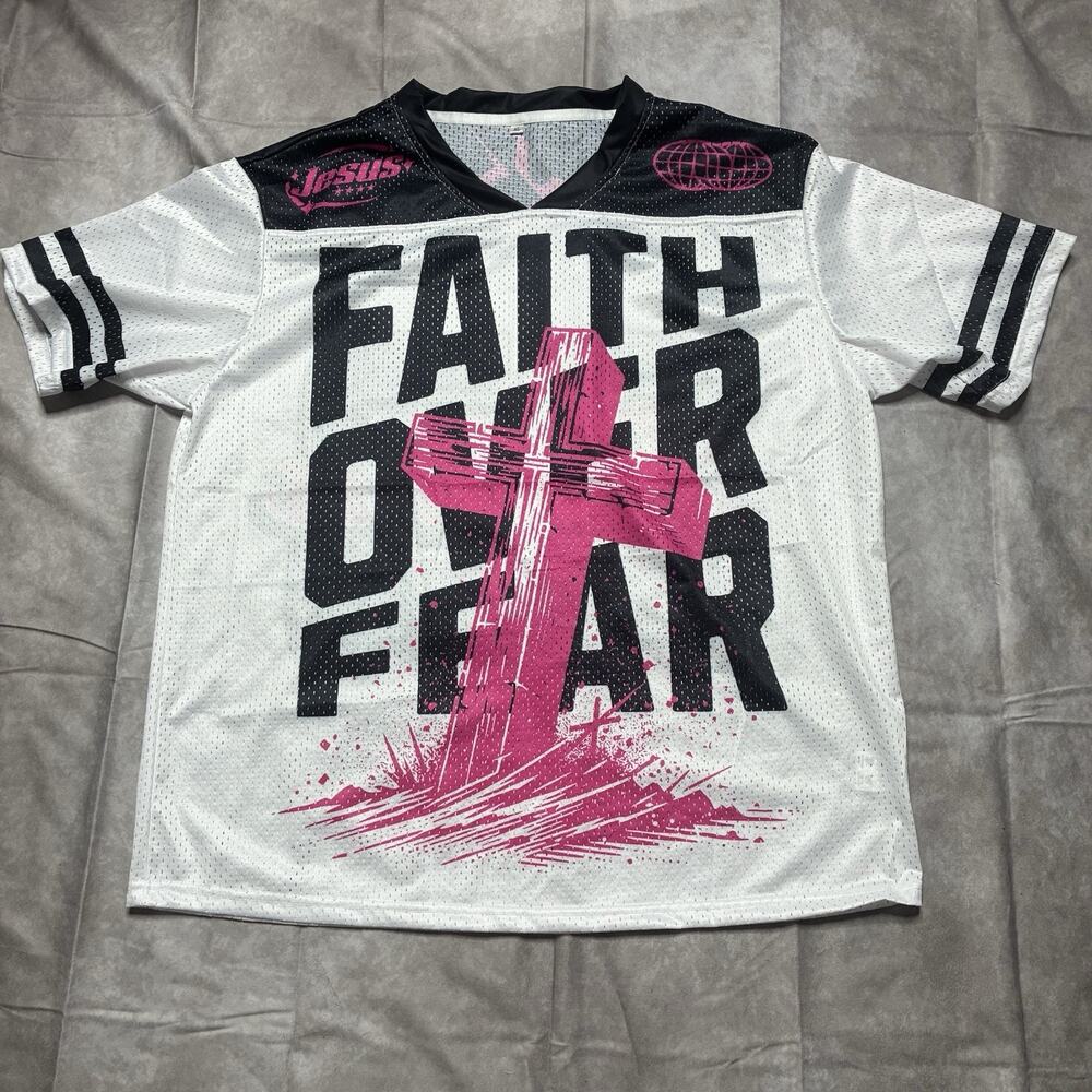 Unbranded Faith Over Fear Cross Christian White Mesh Jersey XL Unisex